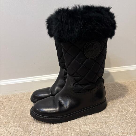 Tory Burch Women's Joey Fur Cold Weather Lined Black Nylon Leather‎ Boots Size 6 - Picture 1 of 6
